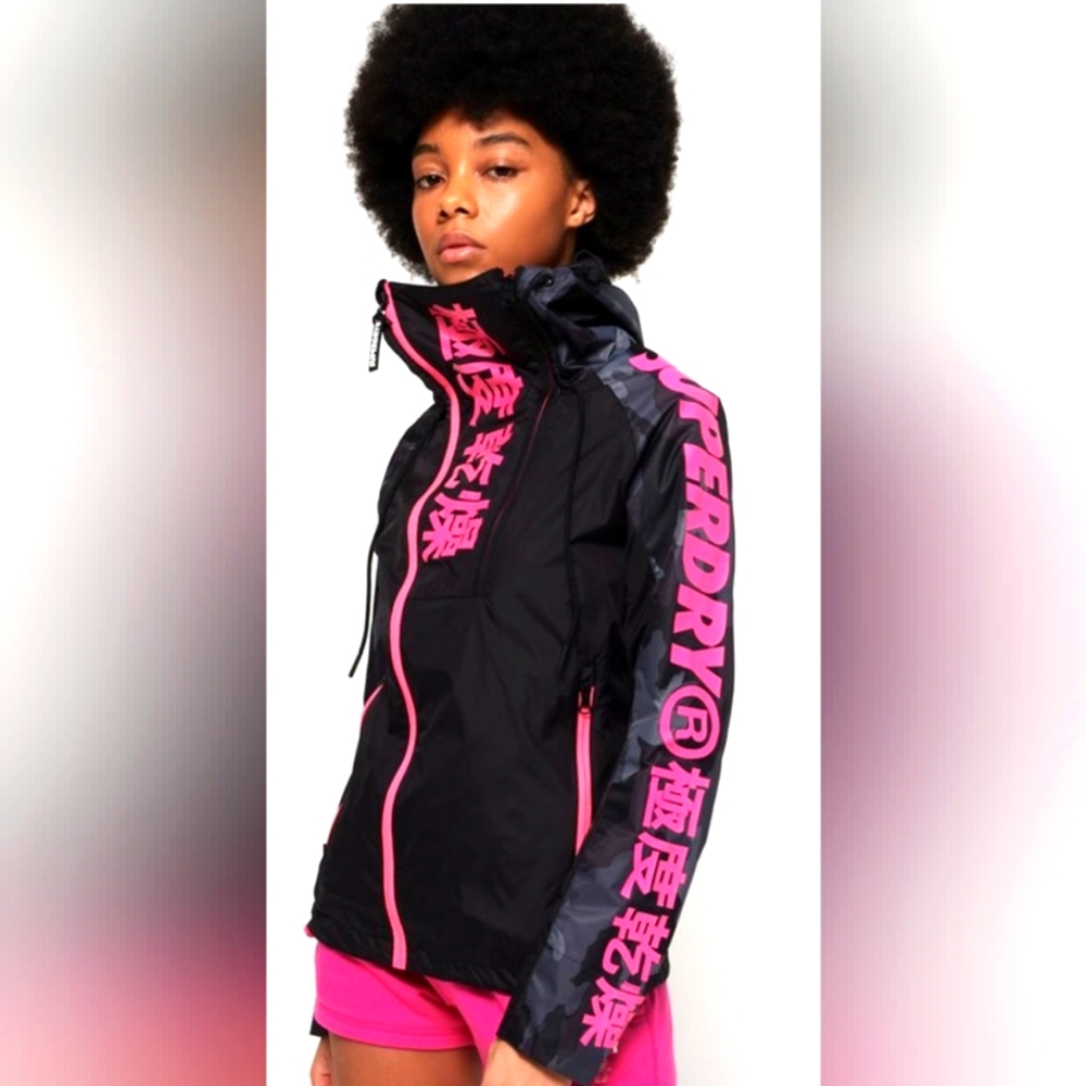 Superdry Black and Pink Ski Jacket with High Collar